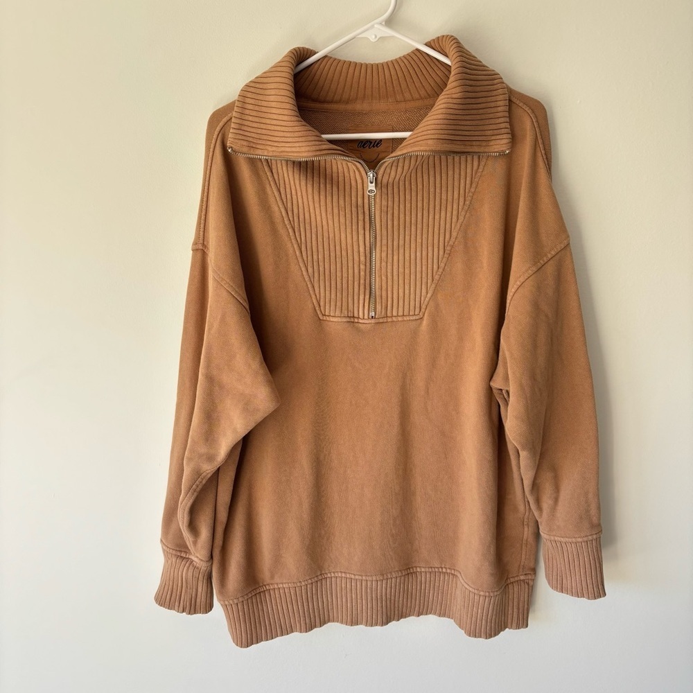 Aerie Brown Down To Earth Quarter Zip Pullover Sweatshirt Oversized Ribbed